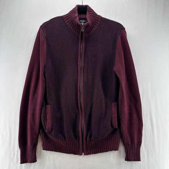 Guess Other - GUESS Cardigan Sweater Mens S Full Zip Mock Neck Cotton Knit Ribbed Trim Maroon